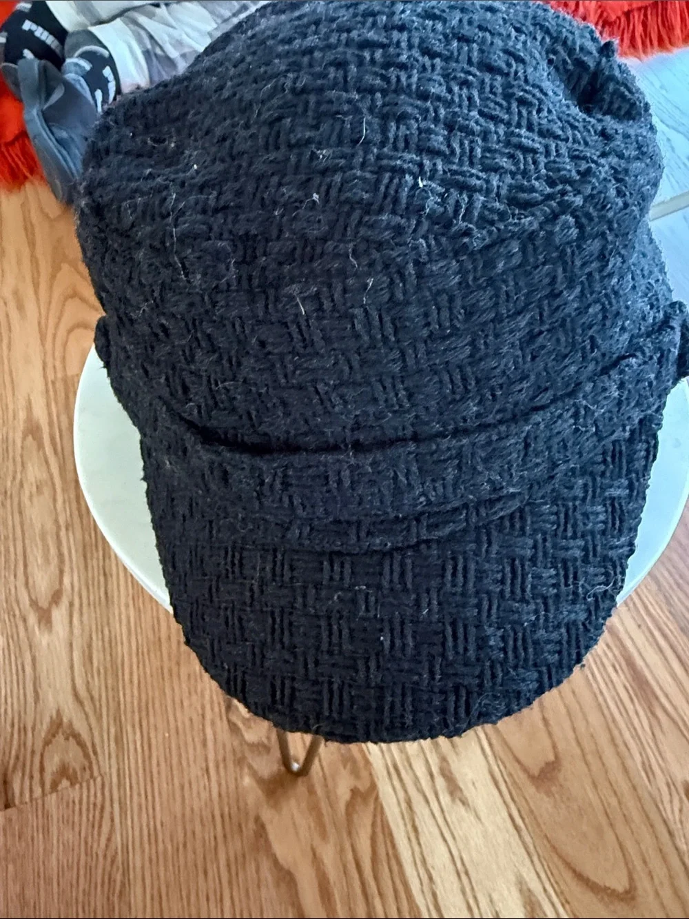 Women Black Textured Knit page boy Cap with vizor wool blend